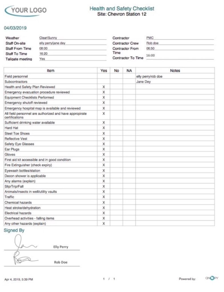 Health and Safety Form Qnopy